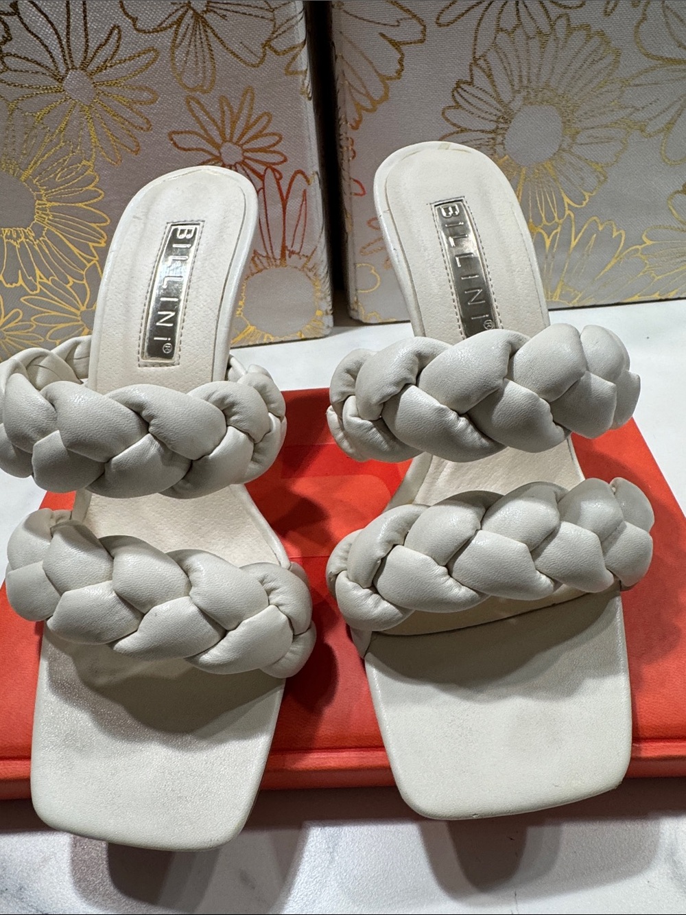 Billini Shelby Mules Womens 5 Bone Good‎ Braided Square Toe Stiletto Sandals